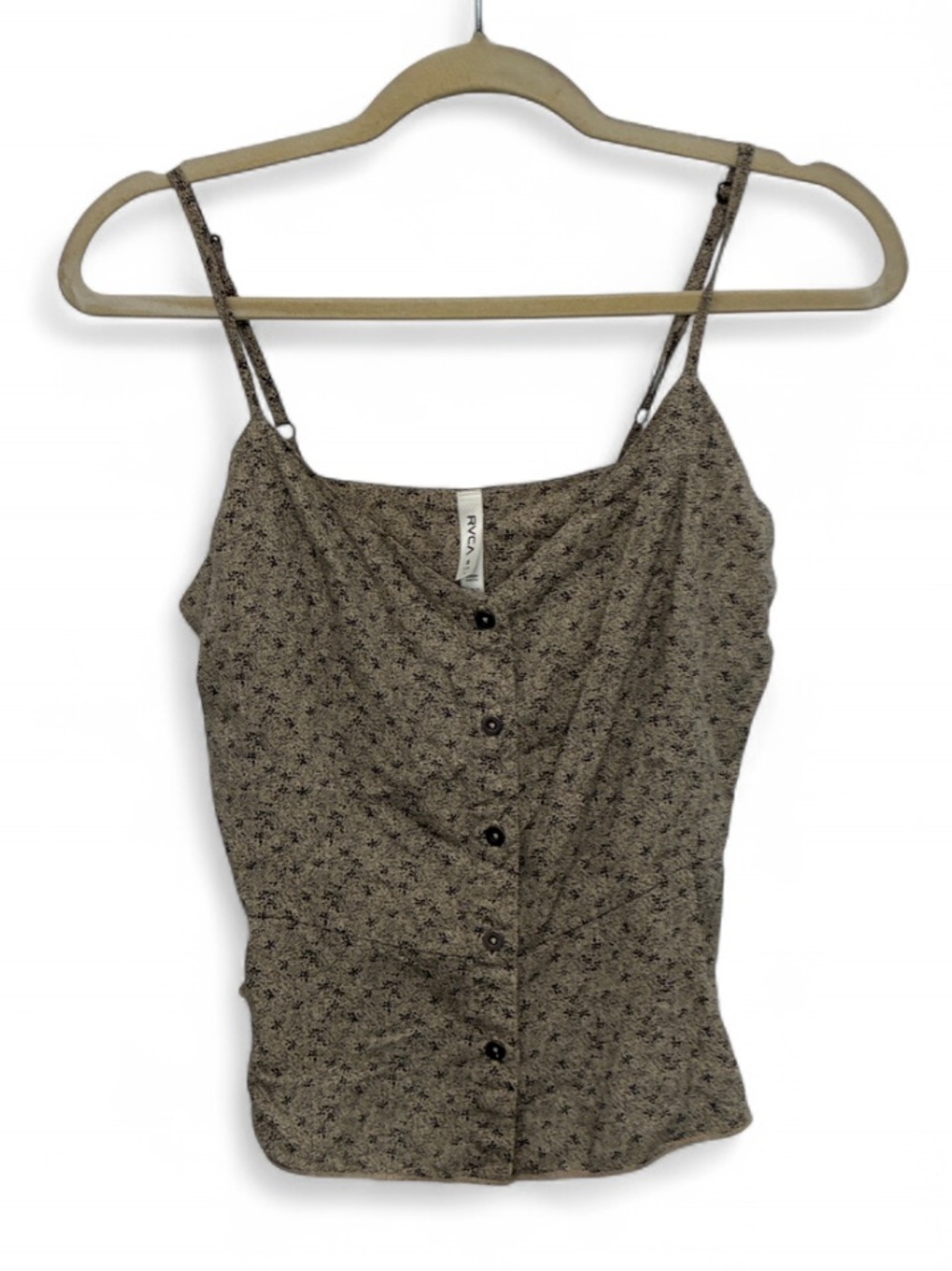 RVCA Beige Black Boho Print Button-Front Spaghetti Strap Tank Top